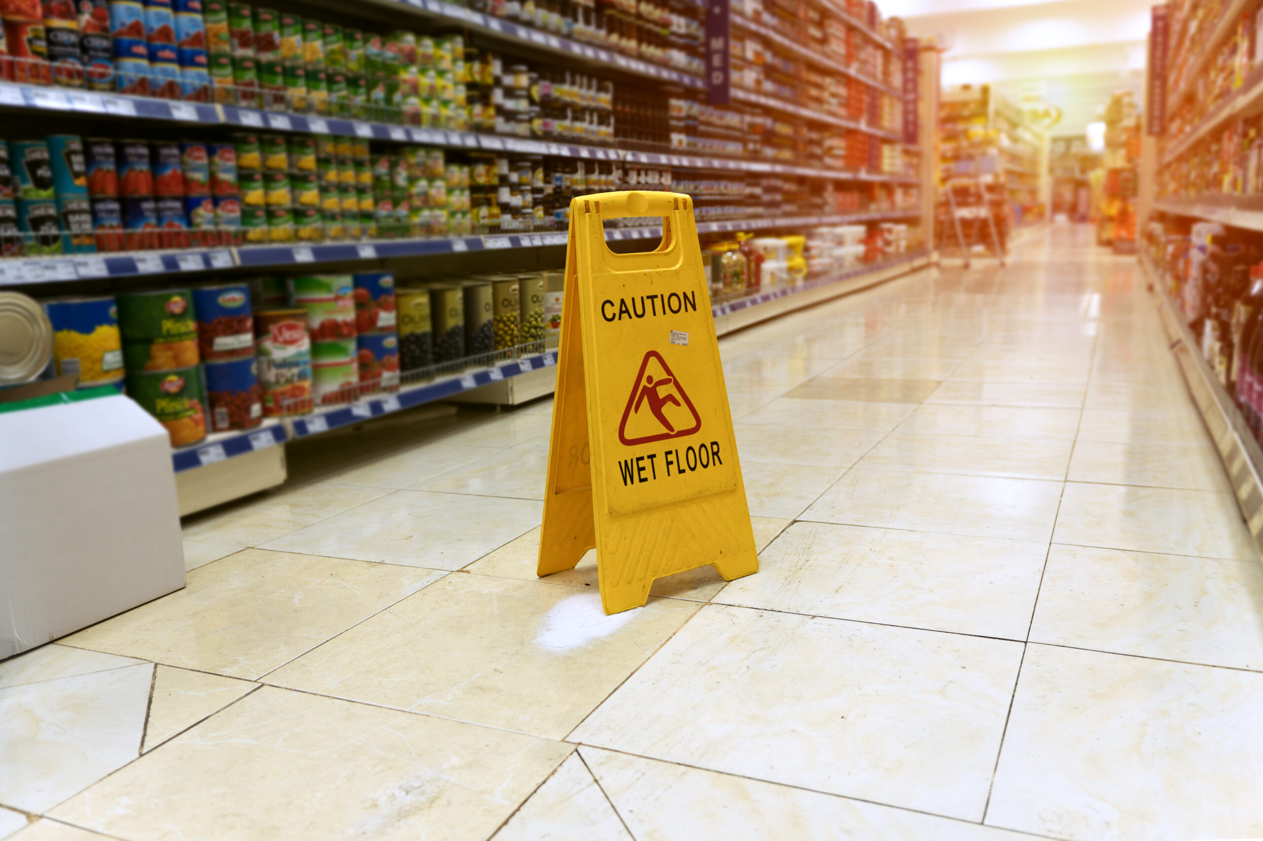 Wet floor is in the supermarket against the background of blurry products standing on the shelves